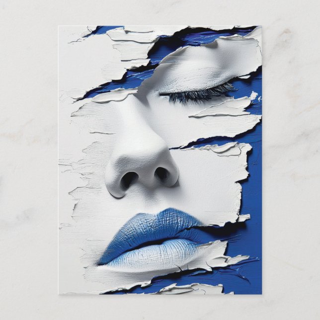 Blue Lips Girl Beneath Cracked Paint Postcard (Front)