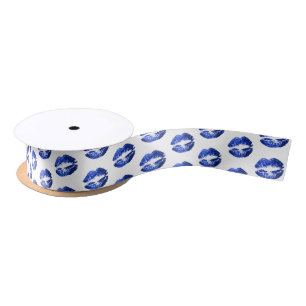 Blue Lips on White Satin Ribbon