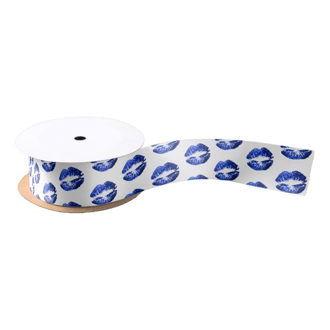 Blue Lips on White Satin Ribbon (Spool)