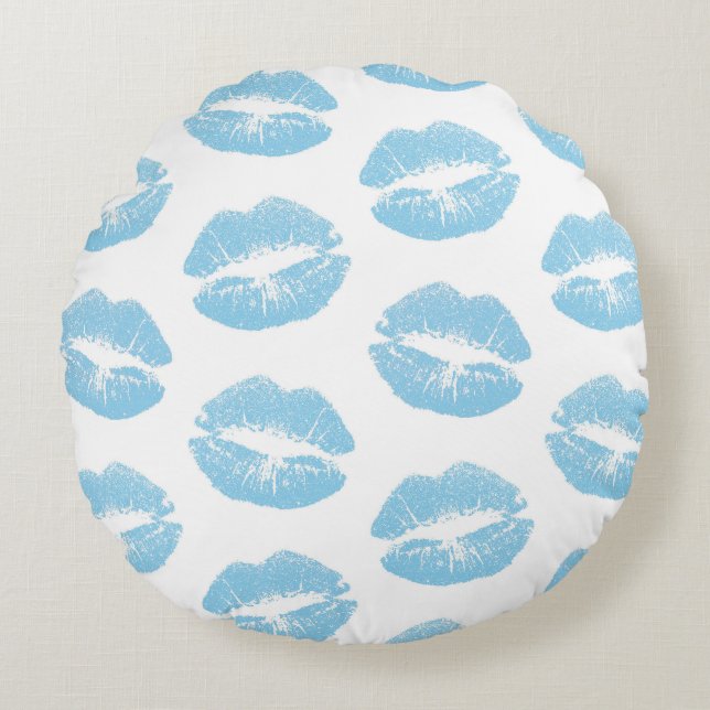 Blue Lips, Pattern Of Lips, Blue Lipstick, Kiss Round Cushion (Front)