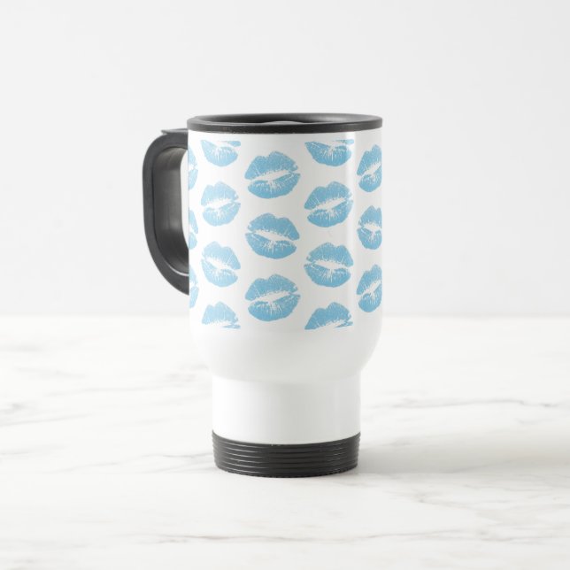 Blue Lips, Pattern Of Lips, Blue Lipstick, Kiss Travel Mug (Front Left)