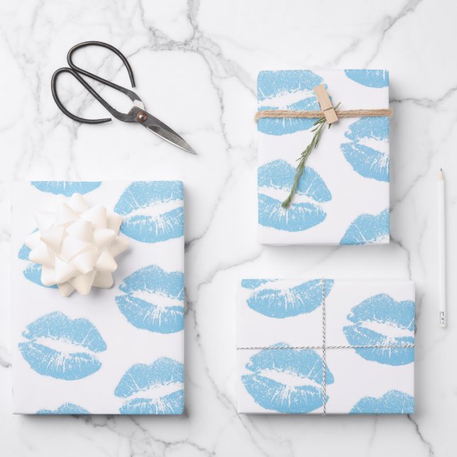 Blue Lips, Pattern Of Lips, Blue Lipstick, Kiss Wrapping Paper Sheet (Front)