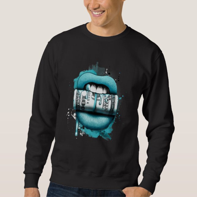 Blue Lips with Dripping Money Retro Matching Men W Sweatshirt (Front)