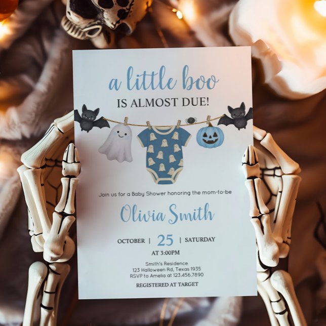 Blue Little Boo Clothesline Baby Shower Invitation (Blue Little Boo Halloween Clothesline Baby Shower Invitation)