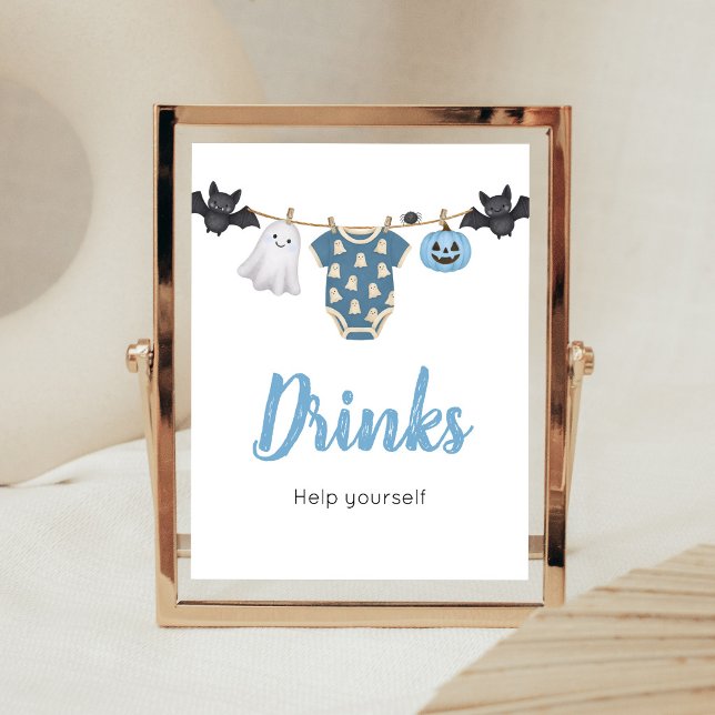Blue Little Boo Clothesline Drinks Sign (Boy Little Boo Clothesline Baby Shower Drinks Sign)