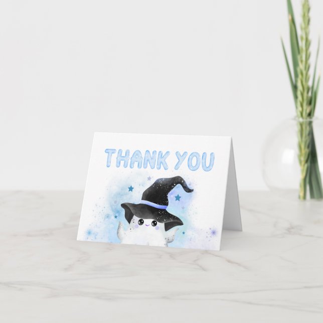 Blue Little Boo Ghost Witch Baby Shower Thank You Card (Front)