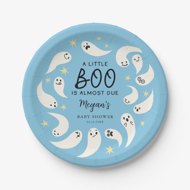 Blue Little Boo October Baby Shower Paper Plate (Front)