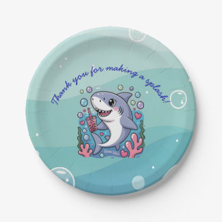 Blue Little Bubbly Boba Shark Baby Shower Paper Plate