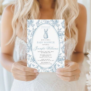 Blue Little Bunny Spring Easter Toile Baby Shower Invitation