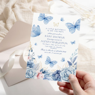Blue Little Butterfly Flowers Boy Baby Shower Invitation