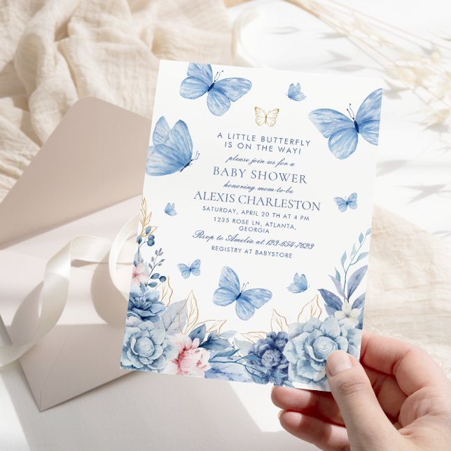 Blue Little Butterfly Flowers Boy Baby Shower Invitation (Creator Uploaded)