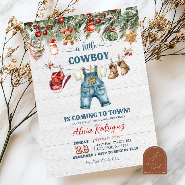 Blue Little Cowboy Western Holiday Baby Shower Invitation (Creator Uploaded)
