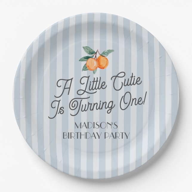 Blue Little Cutie Pastel Citrus Birthday Party Paper Plate (Front)