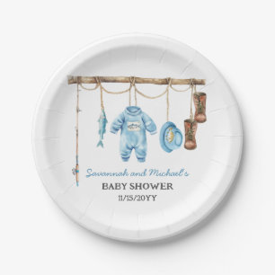 Blue Little Fisherman Baby Shower Paper Plate