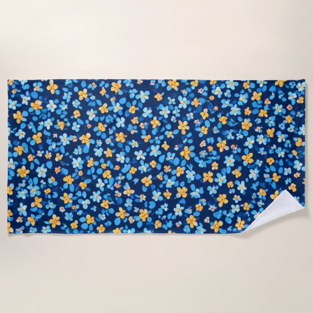Blue Little Flowers Pattern Beach Towel (Front)