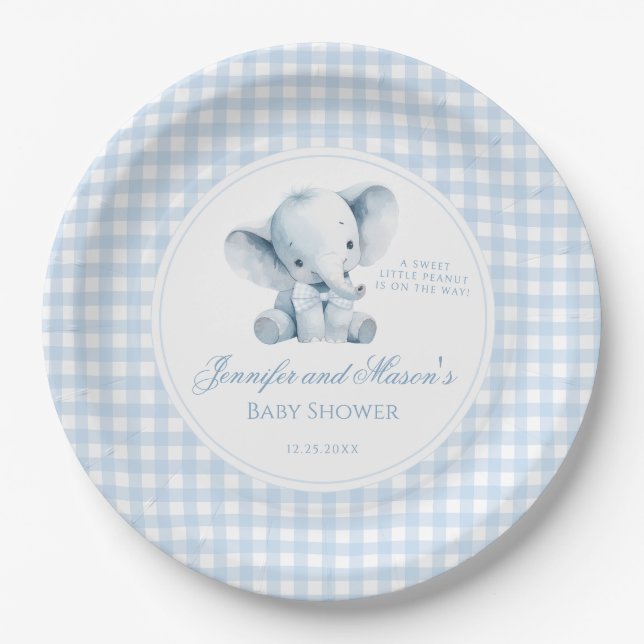 Blue Little Peanut Elephant Bow Baby Boy Shower Paper Plate (Front)