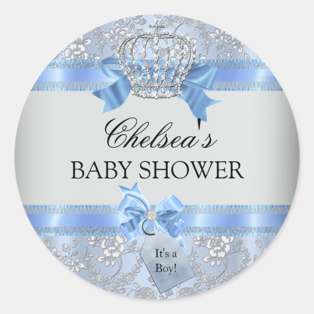 Blue Little Prince Crown Baby Shower Sticker (Front)