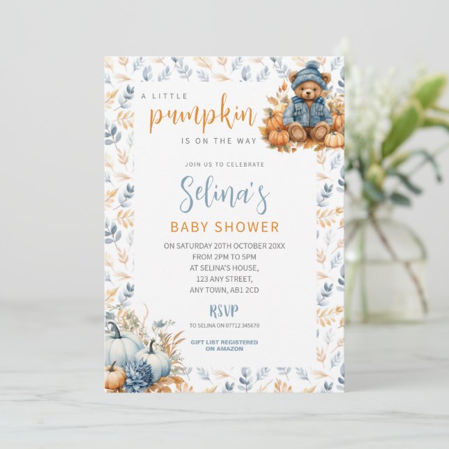 Blue Little Pumpkin Baby Shower Invite, Fall Theme Invitation (Standing Front)