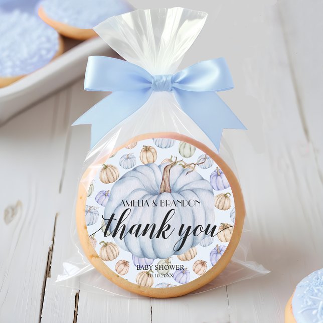 Blue Little Pumpkin Baby Shower Thank You Classic Round Sticker (Blue pumpkin boy baby Shower thank you 3 inch round stickers)