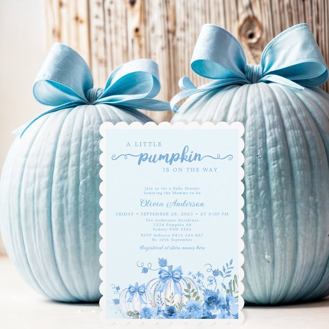 Blue Little Pumpkin Bow Baby Shower Invitation (Creator Uploaded)