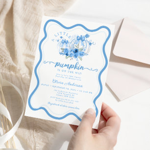 Blue Little Pumpkin Bow Wave Frame Baby Shower Invitation