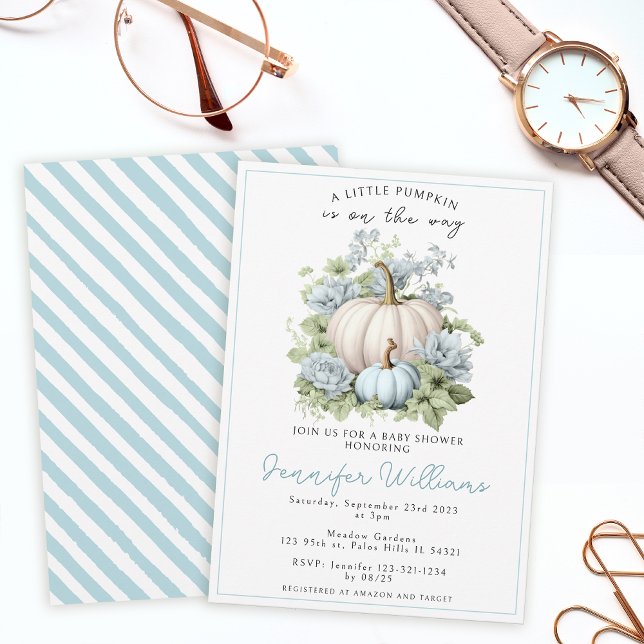 Blue little pumpkin boy baby shower invitation (Creator Uploaded)