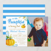 Blue Little Pumpkin Fall Boy Birthday Photo