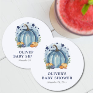 Blue Little Pumpkin Fall Custom Boy Baby Shower Round Paper Coaster