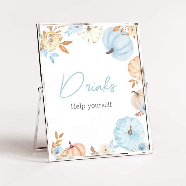 Blue Little Pumpkin Fall Drink Sign (Boy Little Pumpkin Fall Baby Shower Drinks Sign)