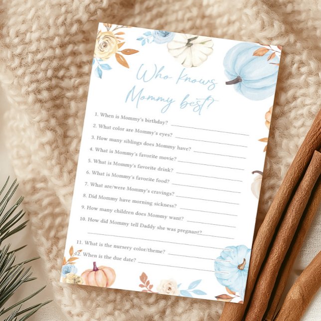 Blue Little Pumpkin Fall Who Knows Mummy Best Game (Boy Little Pumpkin Fall Baby Shower Who Knows Mommy Best Game)