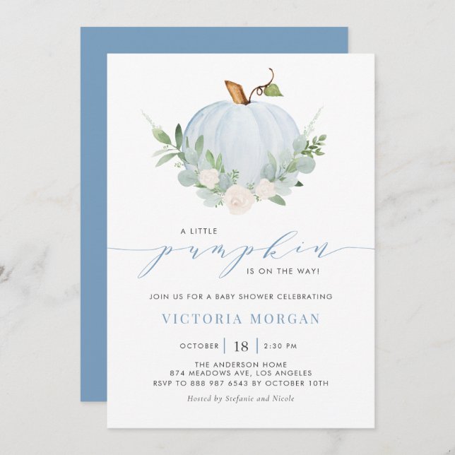 Blue Little Pumpkin It's a Boy Autumn Baby Shower  Invitation (Front/Back)