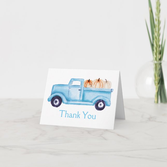 Blue Little Pumpkin Truck Baby Shower Photo Thank You Card (Front)