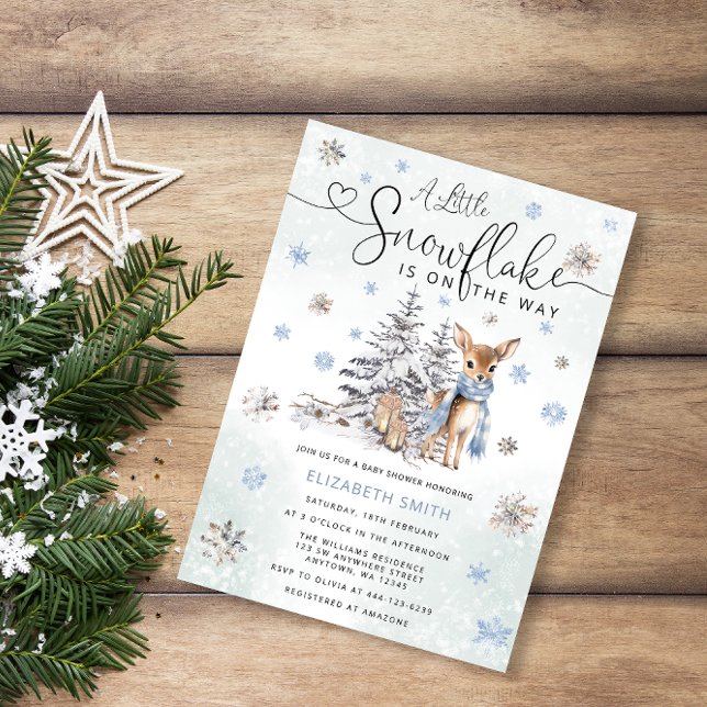 Blue Little Snowflake Winter Woodland Deer Baby Invitation (Creator Uploaded)