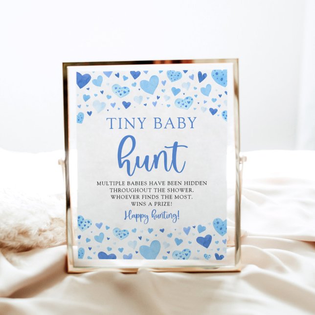 Blue Little Sweetheart Tiny Baby Hunt Shower Game Poster (Watercolor Modern Cute Blue Hearts Valentine Sweetheart Boy Tiny Baby Hunt Baby Shower Game Sign)