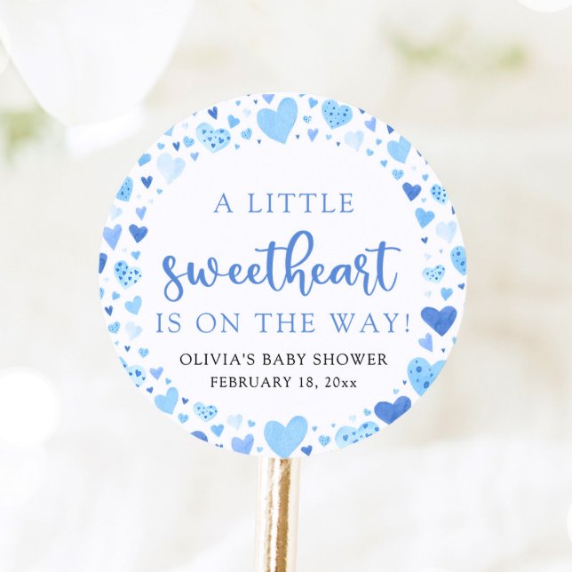 Blue Little Sweetheart Valentine's Day Baby Shower Classic Round Sticker (Creator Uploaded)