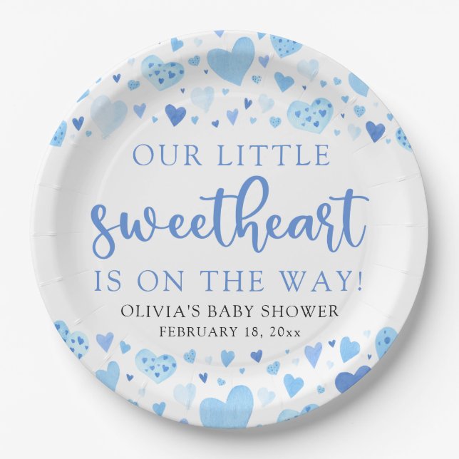 Blue Little Sweetheart Valentine's Day Baby Shower Paper Plate (Front)