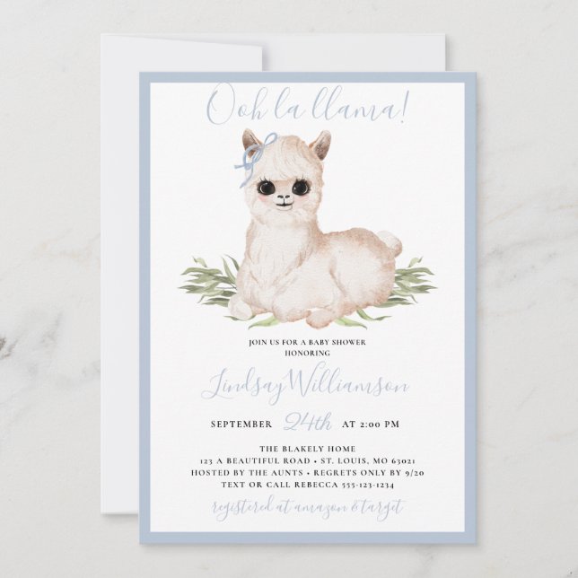 Blue Llama Baby Shower Invitation (Front)