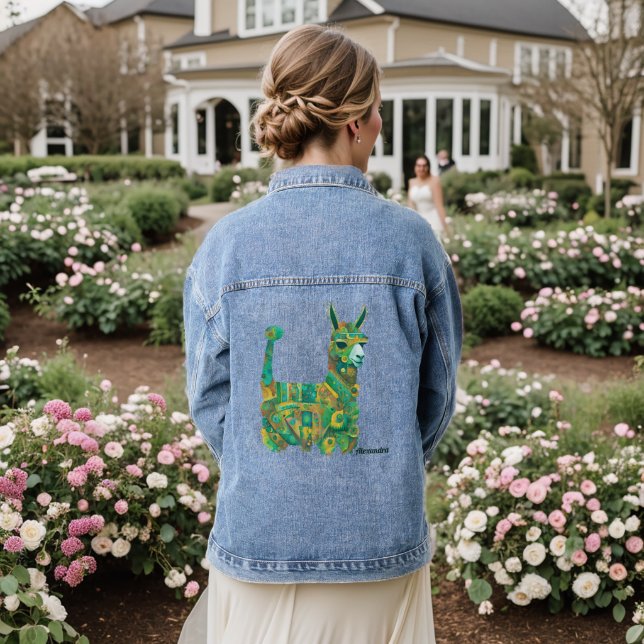 Blue Llama Floral Folk Art Denim Jacket (Wedding Back)