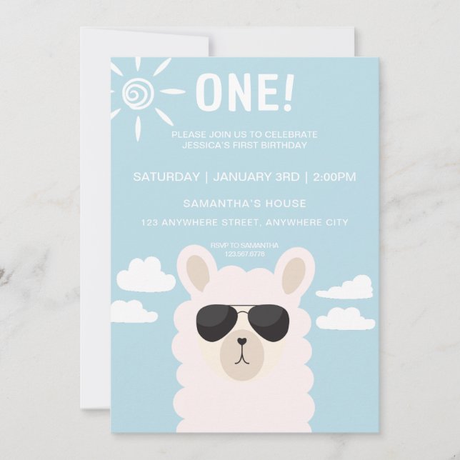 Blue llama Fun Boy First Birthday Party Invitation (Front)