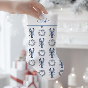 Blue Lobster and Oyster Shell Wreath Small Christmas Stocking
