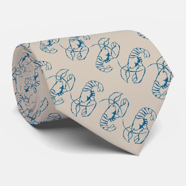 Blue Lobster Line Drawing On Sandy Beach Tan Colou Tie (Rolled)