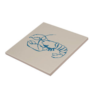 Blue Lobster Line Drawing On Sandy Beach Tan Colou Tile