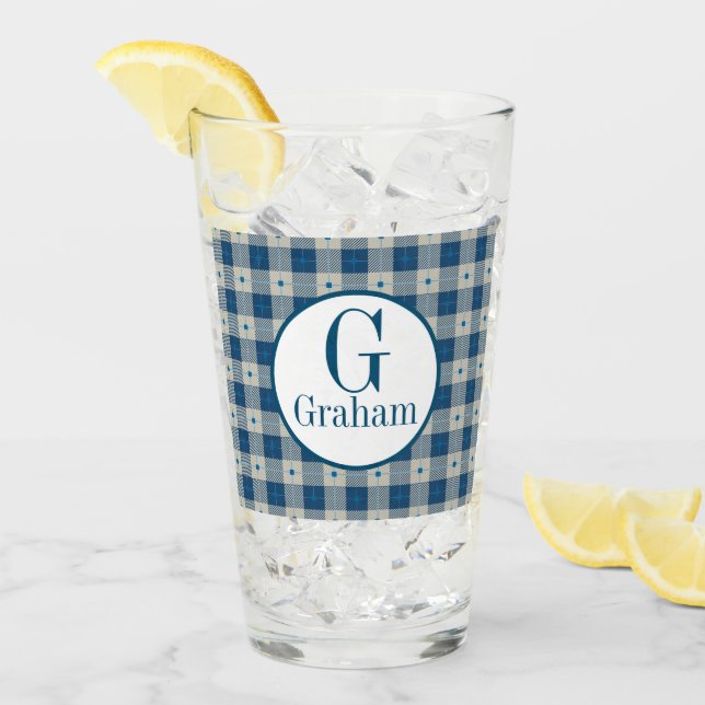 Blue Lodge Plaid Monogram Personalised Glass (Front Ice)