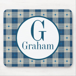 Blue Lodge Plaid Monogram Personalised Mouse Pad