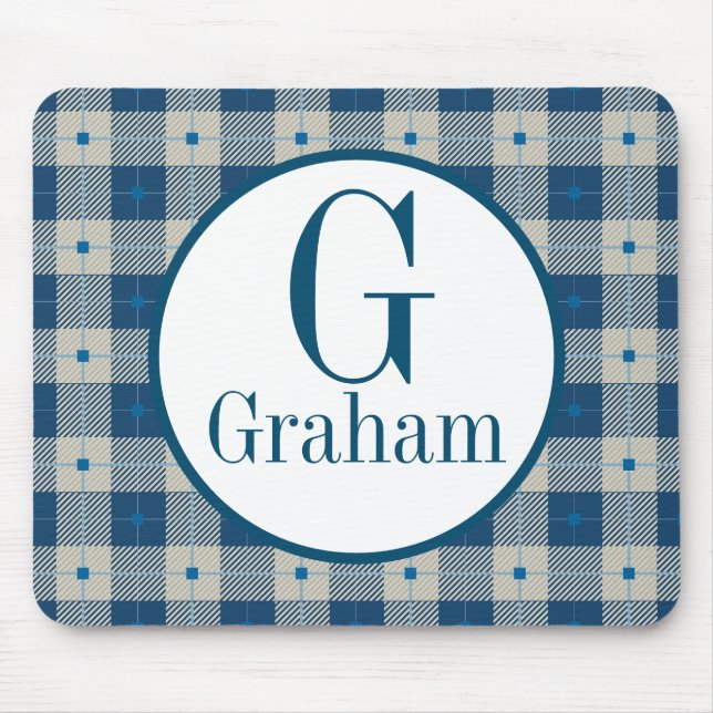 Blue Lodge Plaid Monogram Personalised Mouse Pad (Front)