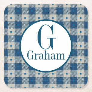 Blue Lodge Plaid Monogram Personalised Square Paper Coaster