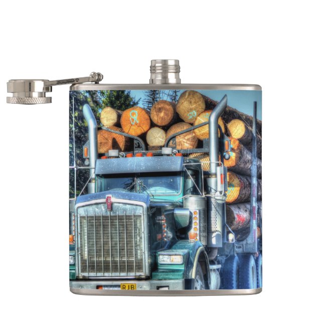 Blue Logging Truck Highway Driving Art Truckers Hip Flask (Opened)