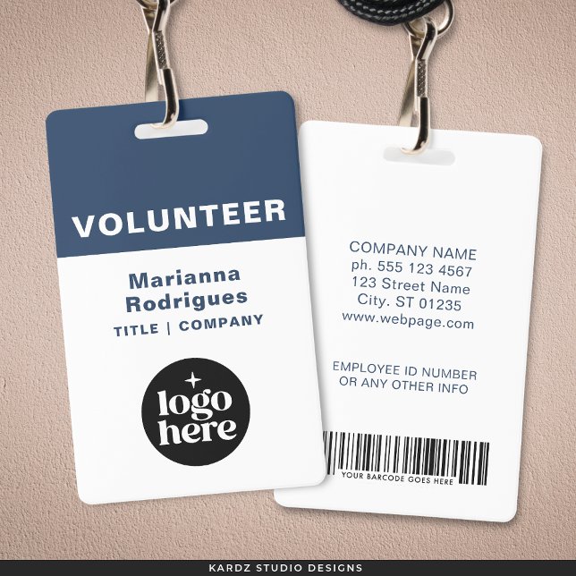 Blue Logo Barcode Custom ID Badge Volunteer Tag (Front and back are shown. Customize and choose attachment: lanyard, retractable, or metal clip)