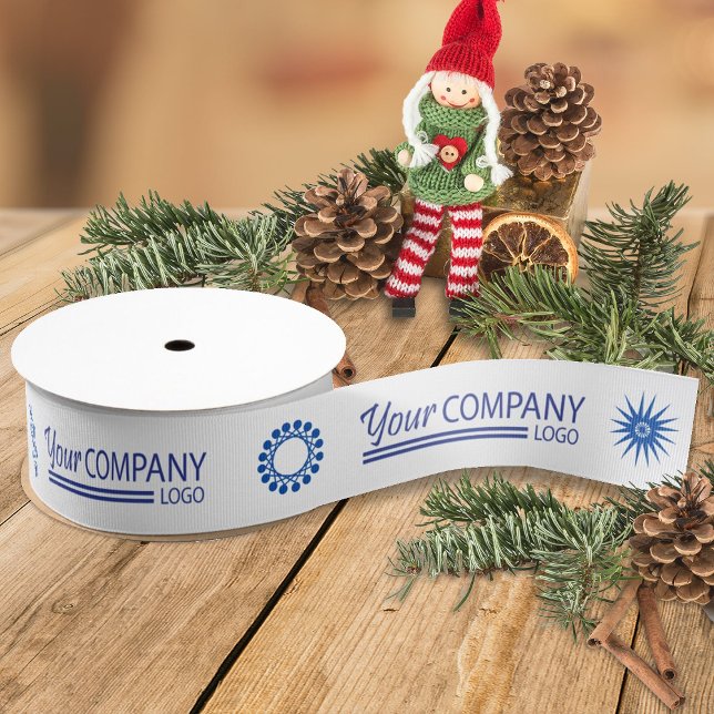 Blue Logo Blu Snowflake Business Logo Holiday Gift Grosgrain Ribbon (white ribbon with blue business logo, blue company holiday christmas gift ribbon, promotional logo)