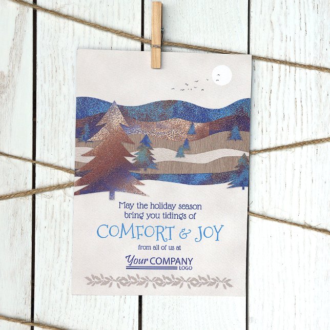 Blue Logo, Brown, Aqua Rustic Holiday Cards (Rustic Brown Blue Forest Pine Trees Company Business Logo Holiday Christmas Cards Bulk Order Budget)